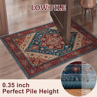 Tangsoo 2x6 Washable Runner Rug for Hallways, Non Slip Vintage Runner Rug, Soft Boho Low Pile Long Rug Runner, Print Distressed Red Carpet Runners for Kitchen Bedroom Entryway Living Room Oriental