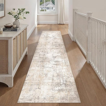 2x14 Washable Runner Rug Beige Grey Abstract Hallway Kitchen Throw Rug Neutral Modern Non Slip Soft Low Pile Carpet for Bathroom Laundry Bedroom Living Room