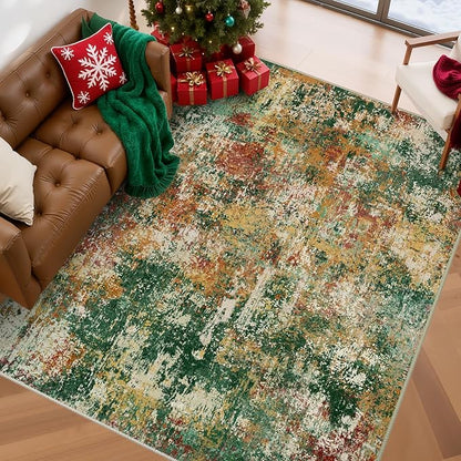 Washable Area Rugs 8'x10' Non-Slip Modern Abstract Soft for Living Room Entryway Bedroom Nursery, Print Pattern, Green Orange Rust Red Cream Colorful