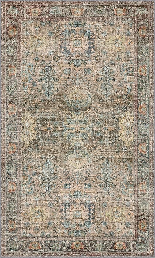 Bavni Area Rug 3x5, Non-Slip Washable Rugs for Living Room Office, Boho Distressed Printed Rug, Low Pile Foldable Decorative Carpet for Bedroom Kitchen Office, Olive Green