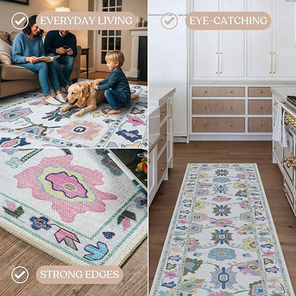 Fame Living Colorful Oushak Rug, Modern Rugs, Vintage, Turkish, Eclectic, Floral, Pastel, Washable, Small Throw, Accent Area Rug for Living Room, Bedroom, Kitchen, Bathroom, 2'5"x4'9"