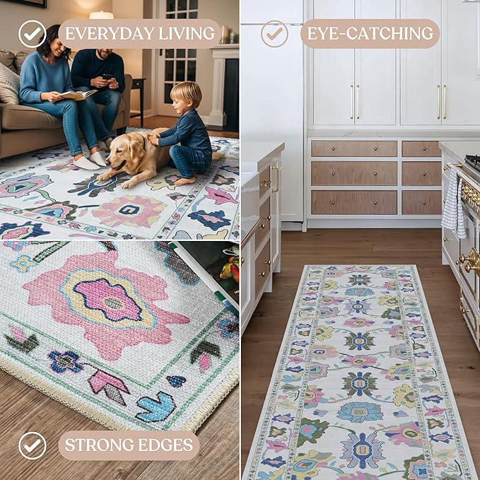 Fame Living Colorful Oushak Rug, Modern, Vintage, Turkish, Eclectic, Floral, Pastel, Washable, Area Rugs for Living Room, Dining, Bedroom, Office, Entryway, Foyer, Playroom, Nursery, 5'x6'9"