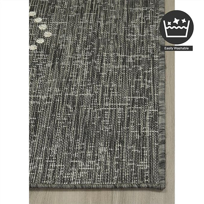 FH Home Flat Woven Outdoor Rug - Waterproof, Easy to Clean, Stain Resistant - Premium Polypropylene Yarn - Boho Moroccan - Large Patio, Deck, Sunroom - Ariana - Charcoal - 7ft 8in x 9ft 8in