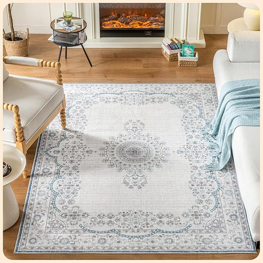 Istana 4x6 Rug - White Cream & Blue Area Rugs 4x6 - Kid & Pet Friendly Machine Washable Rugs - 4 x 6 Area Rug Non Slip & Non Shedding Area Rug - Foldable Rug for Room for Bedroom