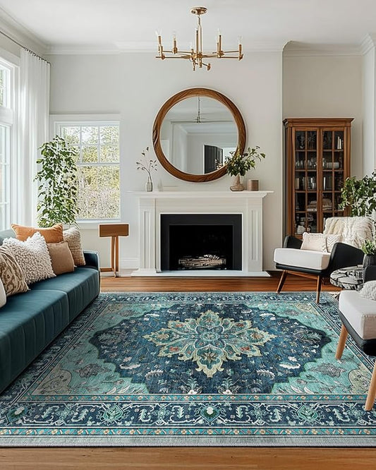 Area Rugs Square 8ft Washable Non-Slip, Floral Vintage Distress Print Pattern Medallion Carpet for Living Room Bedroom Dining Room, Teal Green Lake Blue Turquoise