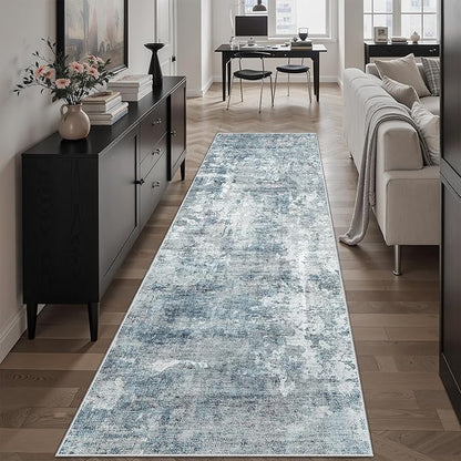 Washable Runner Rug, 2'6" x 8' Non-Slip Kitchen Vintage Foldable Hallway Runners for Entryway, Laundry, Bedroom, Blue