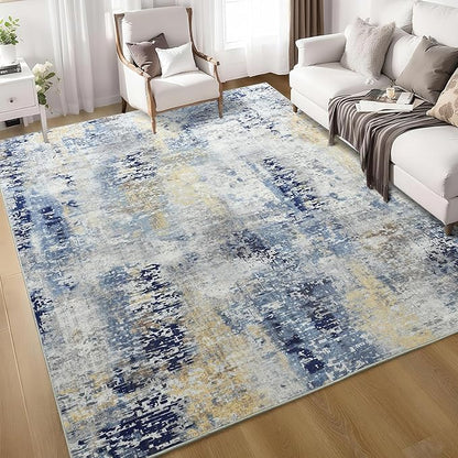 Living Room Rug 7x10 Ultramarine Area Rugs Machine Washable Abstract Boho Large Rug Non-Slip Non-Shedding Faux Wool Indoor Vintage Carpet for Bedroom, Classroom, Dining Room, Kids Playroom
