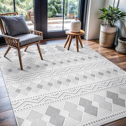 CAMILSON Micro Loop Rug 5x7 Modern Luxury Geometric Boho Diamond Area Rugs Soft High and Low Pile Stain Resistant Easy-Cleaning Non-Shedding for Living Room Office Indoor Carpet (5 x 7 / White - Gray)