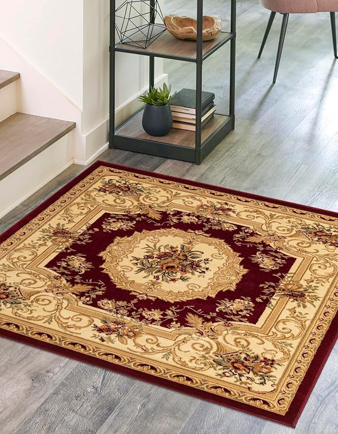 Rugs.com Chateau Collection Rug – 4 Ft Square Red Medium Rug Perfect for Living Rooms, Kitchens, Entryways