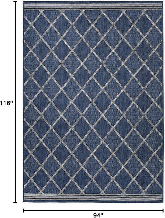FH Home Flat Woven Outdoor Rug - Waterproof, Easy to Clean, Stain resistant - Premium Polypropylene Yarn - Moroccan Geometric Lattice - Large Patio, Deck, Sunroom - Tunis - Blue - 7ft 10 in x 10ft 9in