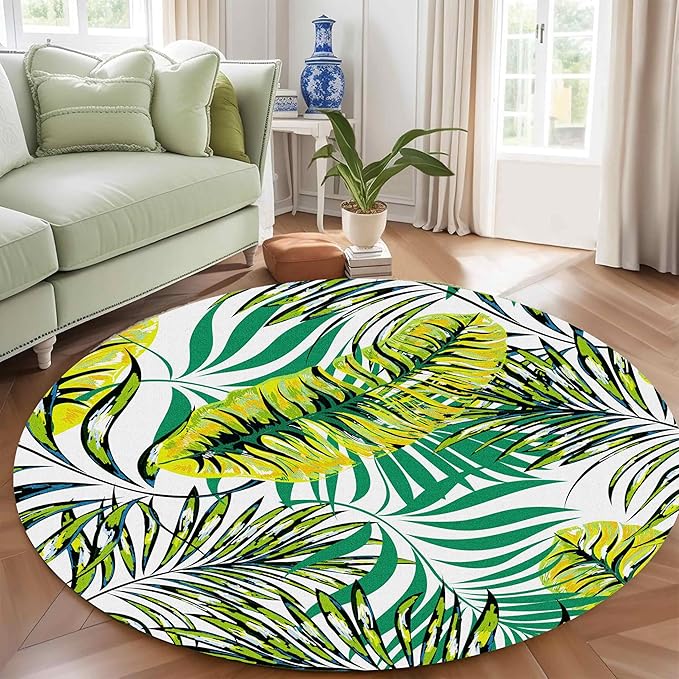 Tropical Round Rug 3ft, Watercolor Palm Leaves Pattern Low Pile Circle Carpet, Non-Slip Washable & Non-Shedding Indoor Mat for Bedroom, Entrance, Office Decor