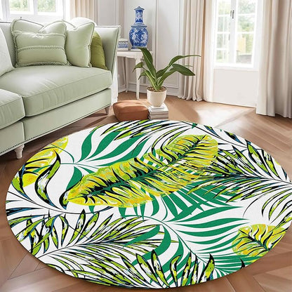 Tropical Round Rug 3ft, Watercolor Palm Leaves Pattern Low Pile Circle Carpet, Non-Slip Washable & Non-Shedding Indoor Mat for Bedroom, Entrance, Office Decor