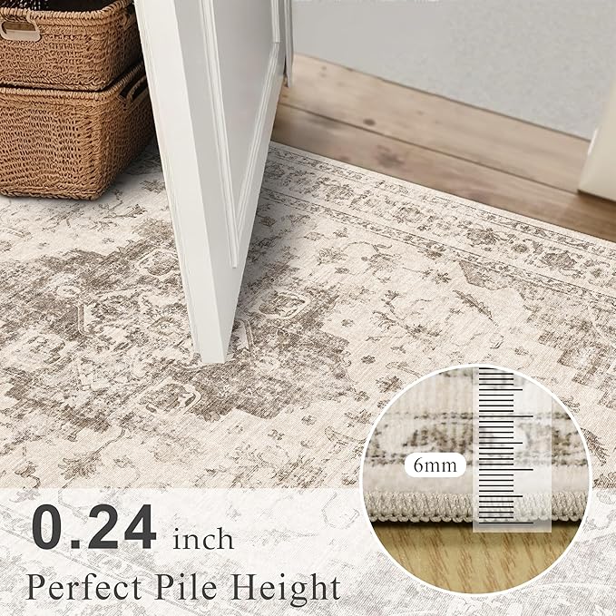 3x5 Vintage Washable Area Rugs Boho Medallion Large Distressed Retro Accent Carpet Floral Non-Slip Soft Low Pile Indoor Throw Rug for Living Room Bedroom Dining Room Office Kitchen, Taupe