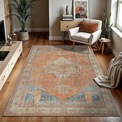 GLN Rugs Traditional Collection - Machine Washable Area Rug, Traditional Washable, Non Slip, Low Pile Chenille Rug, Living Room, Bedroom, Kitchen Rug (3' x 5' Terra/Multicolor)