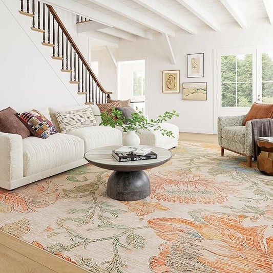 Dash & Albert Zell Multi Machine Washable Rug, 6 X 9 Feet, Multicolored/Tan Floral Pattern