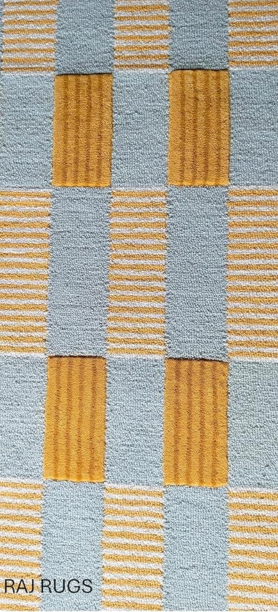 Handmade Scalloped Wool Area Rug - Modern Geometric Pattern, Green-Beige Stripes, Checkered Chevron Design - Soft, Durable Thick Carpet for Living Room, Bedroom (Gold, 4' x 6')