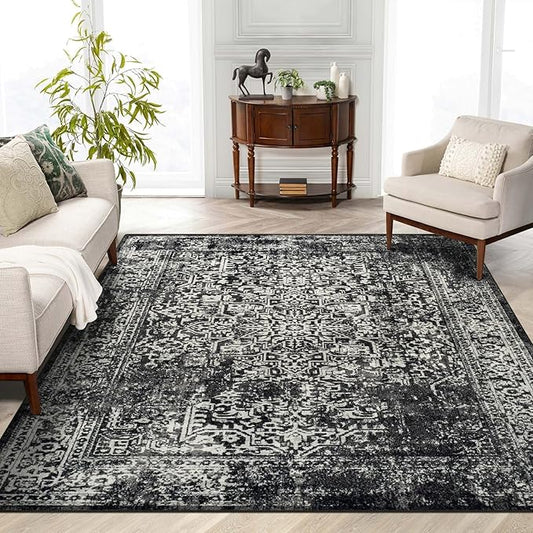 vivorug 4x6 Area Rugs, Stain Resistant Washable Rug for Living Room, Vintage-Inspired Black and White Rug