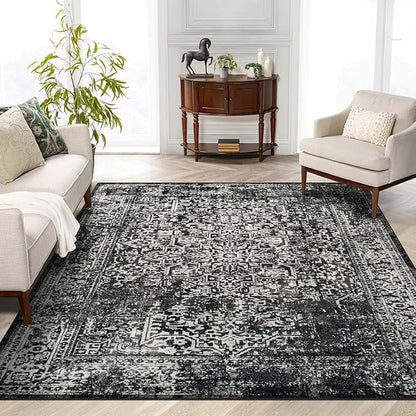 vivorug 8x10 Area Rugs, Stain Resistant Washable Rug for Living Room, Vintage-Inspired Black and White Rug