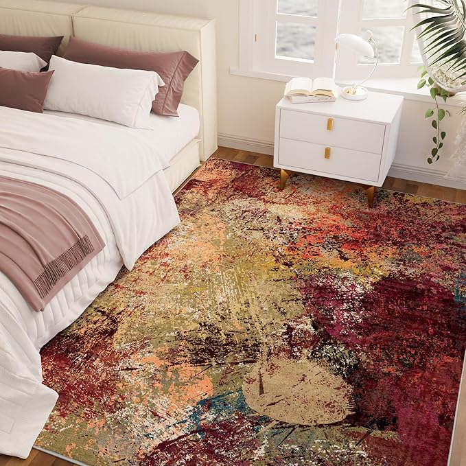 Arbosofe Modern Abstract Rug for Living Room, 5'x7' Washable Area Rug with Non-Slip Backing & Short Pile, Large Carpet with Abstract Pattern for Living Room Bedroom and Dining Floor Carpet Red Orange