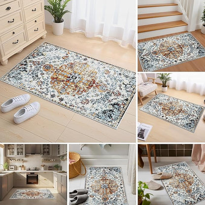 Small Area Rug 2x3ft Entryway Rug Non-Slip Vintage Washable Area Rugs Indoor Door Mat, Boho Faux Wool Carpet Kitchen Rugs with Rubber Backing for Bedroom, Kitchen, Room Entryway