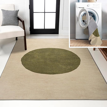 JONATHAN Y Machine Washable Cream/Green Indoor Area Rug 4X6 ft, Cirkel Minimalist Geometric Dot for Living Room, Bedroom, Kitchen, Office, Easy-Cleaning, Pet-Friendly, Non-Shedding WSH113C-4