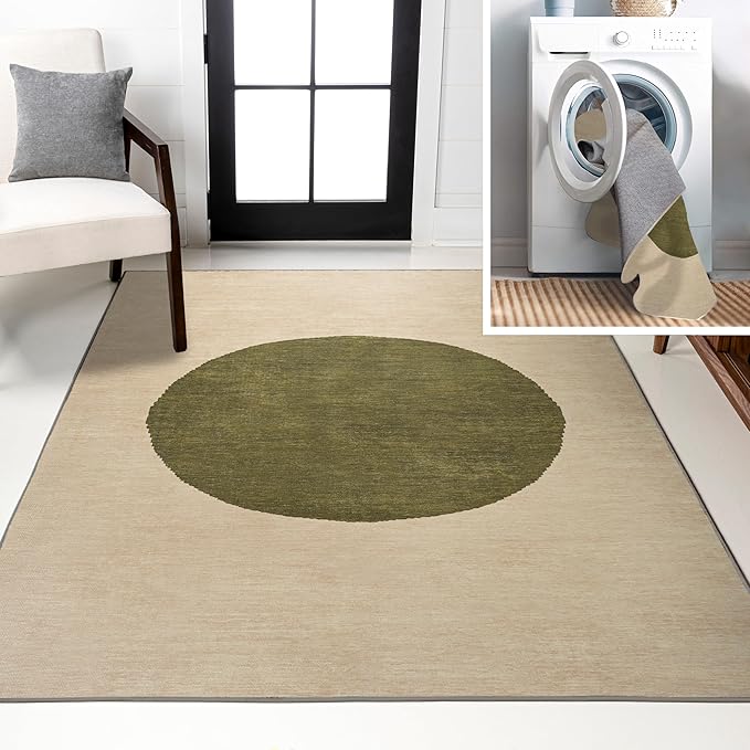 JONATHAN Y Machine Washable Cream/Green Indoor Area Rug 9X12 ft, Cirkel Minimalist Geometric Dot for Living Room, Bedroom, Kitchen, Office, Easy-Cleaning, Pet-Friendly, Non-Shedding WSH113C-9