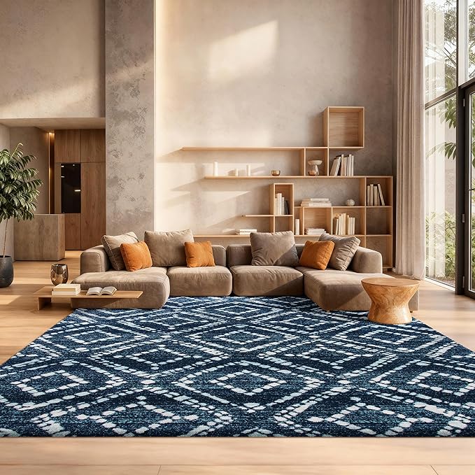 SAFAVIEH Adirondack Collection Area Rug - 8' Square, Navy & Ivory, Modern Diamond Distressed Design, Non-Shedding & Easy Care, Ideal for High Traffic Areas in Living Room, Bedroom (ADR131N)