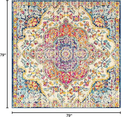 Livabliss Area Rugs - 7x7 Romaine Vintage Boho Fuchsia Mustard Blue Square Area Rug for Living Room Bedroom - Floral Medallion Stain Resistant Carpet for Kitchen, Nursery, Office (6'7" Square)
