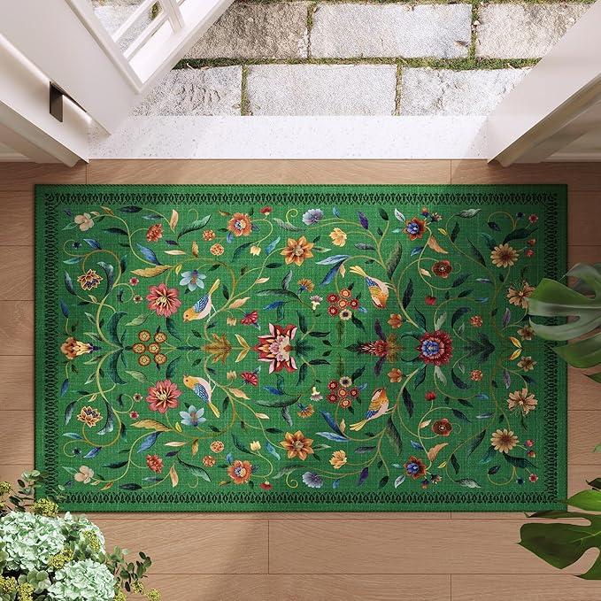 Vintage Medallion Floral Indoor Door Mat 2x3, Machine Washable Entryway Rug, Low Pile Soft Small Carpet, Non-Slip Area Rug for Entrance, Bedroom, Kitchen & Kids Room | Green