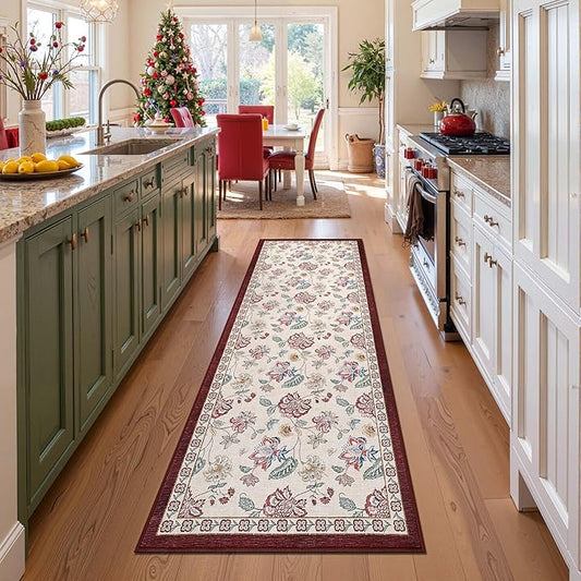 jinchan Elora 3x10 Floral Runner Rug for Hallway Washable Kitchen Runner Vintage Romance Design Non Slip Thin Indoor Floor Cover Low-Profile Throw Carpet for Entryway Bathroom Bedroom Porch, Red/Beige