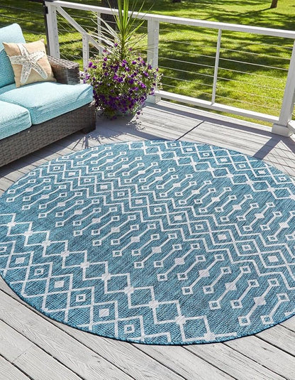 Unique Loom Outdoor Trellis Collection Area Rug - Tribal Trellis (6' 1" Round Teal/Ivory)