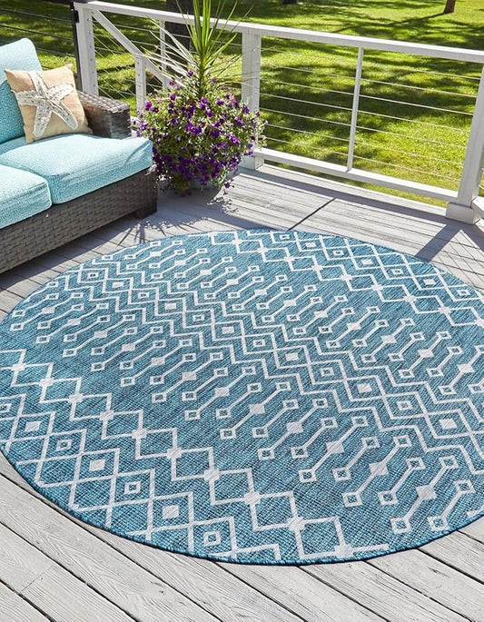 Unique Loom Outdoor Trellis Collection Area Rug - Tribal Trellis (10' 8" Round, Teal/ Ivory)