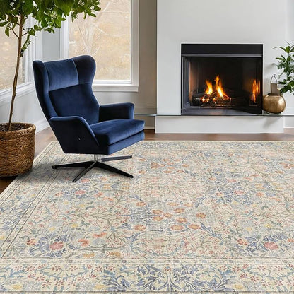 Washable Dining Room Rugs, 6x9 Area Rug for Living Room, Bedroom, Kids Playroom, Baby Nursery - Low Pile Non-Slip Lightweight - Oriental Vintage Design & Stain Resistance (6x9 Light Beige Blue)