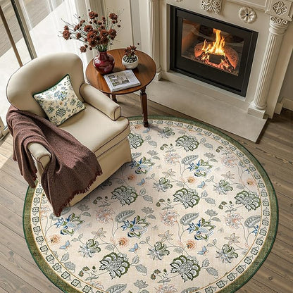 jinchan Elora 5ft Floral Round Rug for Entryway Washable Kitchen Rug Vintage Romance Design Non Slip Indoor Doormat Lightweight Low-Profile Throw Carpet for Living Room Dining Room, Green/Beige