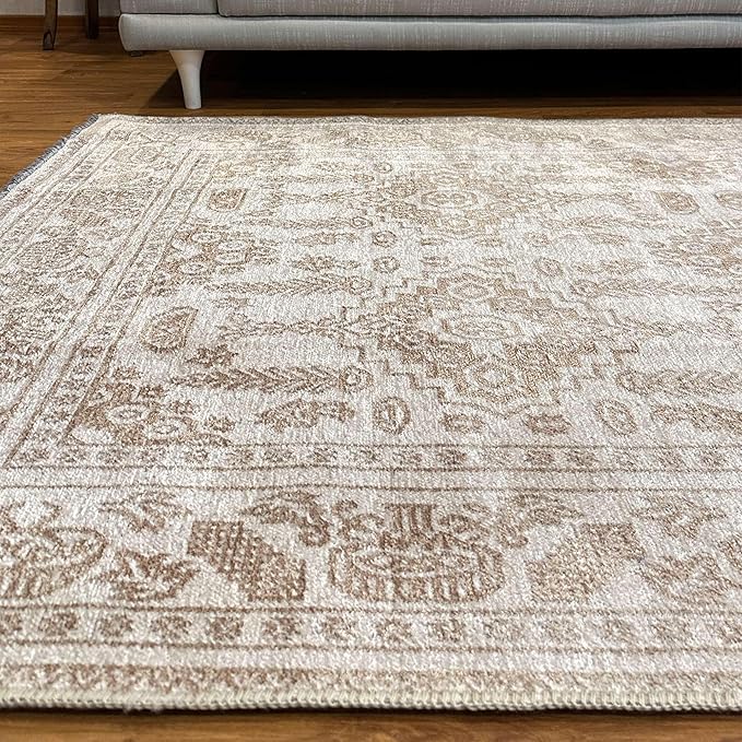 Alfa Rich 5x8 Beige Off White Washable Area Rugs for Living Room Bedroom Kitchen Dining Cotton Rug