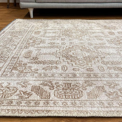 Alfa Rich 5x8 Beige Off White Washable Area Rugs for Living Room Bedroom Kitchen Dining Cotton Rug
