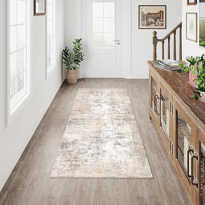2x4 Washable Runner Rug Beige Grey Abstract Hallway Kitchen Throw Rug Neutral Modern Non Slip Soft Low Pile Carpet for Bathroom Laundry Bedroom Living Room