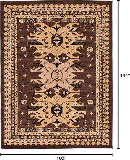 Unique Loom Taftan Collection Border Geometric Tribal Inspired Design Area Rug (9' 0 x 12' 0 Rectangular, Brown/ Tan)