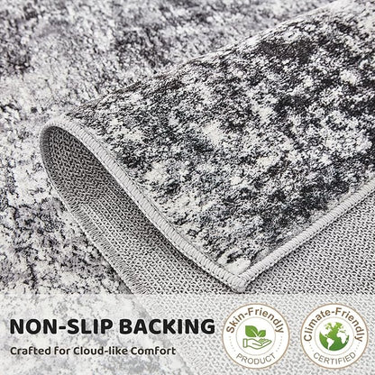 Washable Runner Rug for Hallway: 3x12 Neutral Modern Abstract Low Pile Area Rug with Non-Slip Backing - Carpet for Bedroom Kitchen Laundry Entryway Bathroom Indoor - Grey