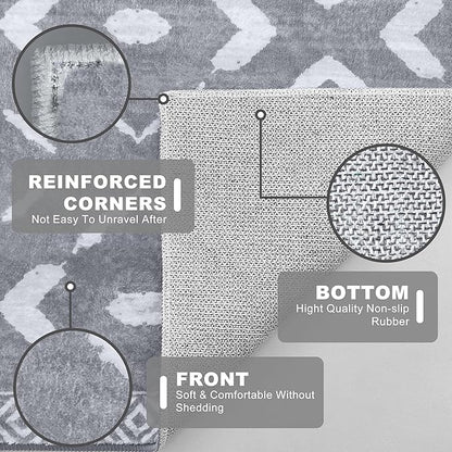 KILOCOCO Living Room Rug 5x7 Area Rug Printed Boho Washable Bedroom Rugs Non Slip Soft Large Moroccan Rubber Backed Indoor Rugs for Dining Room Office Farmhouse Geometric Carpet,Dark Grey