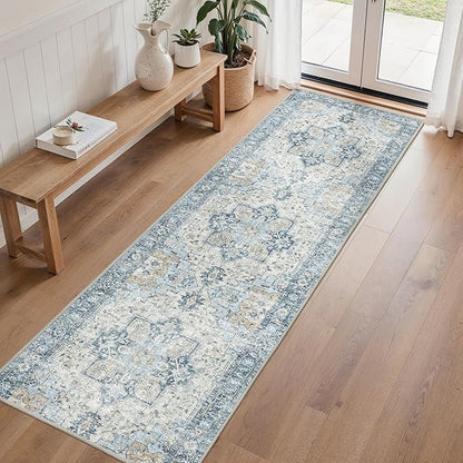 Runner Rug 2'6''x8, Non Slip Vintage Hallway Runner Rugs, Low Pile Lightweight Machine Washable Mat for Hallway, Entryway, Bedroom, Kitchen and Corridor, Blue