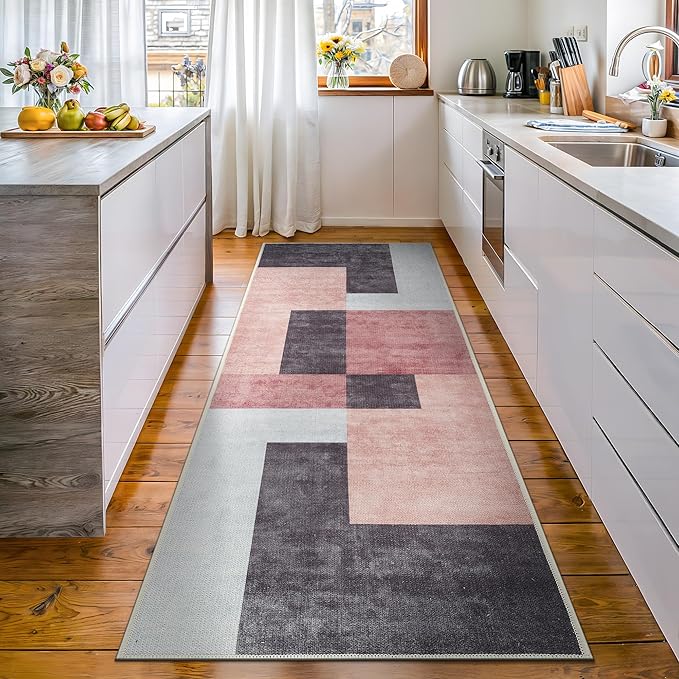 Bloom Rugs Washable Non-Slip 12 ft Runner - Pink/Dark Gray Modern Geometric Runner for Entryway, Hallway, Bathroom, and Kitchen - Exact Size: 2.5' x 12'