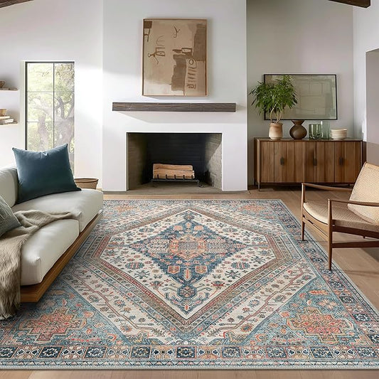 Bavni Washable Rug 8x10 Area Rug for Living Room Bedroom Dining, Washable Vintage Print Carpet, Ultra-Thin Chenille Low Pile Lightweight Rug with Non Slip Backing, Blue/Orange