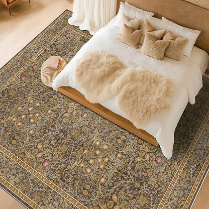 Washable 10x14 Living Room Rug - Brown Oriental Large Area Rug for Dining Room Under Table, Low Pile Non-Slip Floor Carpet for Bedroom Under Bed - Vintage Taupe Design & Stain Resistance