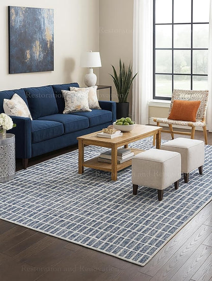 Hand-Tufted 100% Wool Area Rug – Unique Modern Geometric Grid Pattern, Soft Plush Textured Carpet for Living Room, Bedroom, Dining Room & Entryway (Denim Blue, 5' x 8')