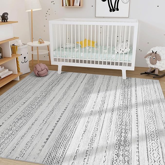 Nakagishi 6x8 Area Rug Living Room: Washable Boho Large Neutral Modern Soft Farmhouse Rugs Stain Resistant Indoor Floor Non-Slip Carpet for Bedroom Nursery Kids Playroom Office Dining Room- Grey
