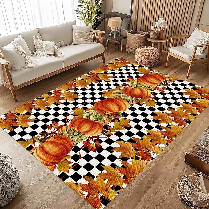 Pumpkin Area Rugs, 4x5ft, Fallen Leaves Autumn Harvest Pumpkins Black and White Checkered Rug, Ultra-Thin Rubber Non Slip Geometric Carpet for Living Room Playroom