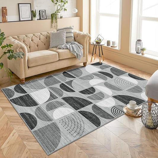 MUJOO Washable Rug Black,4x6.5 Area Rugs for Bedroom Entryway Living Room Bedside,Small Boho Throw Floor Carpet Non Slip Soft Indoor Modern Abstract Black and Grey