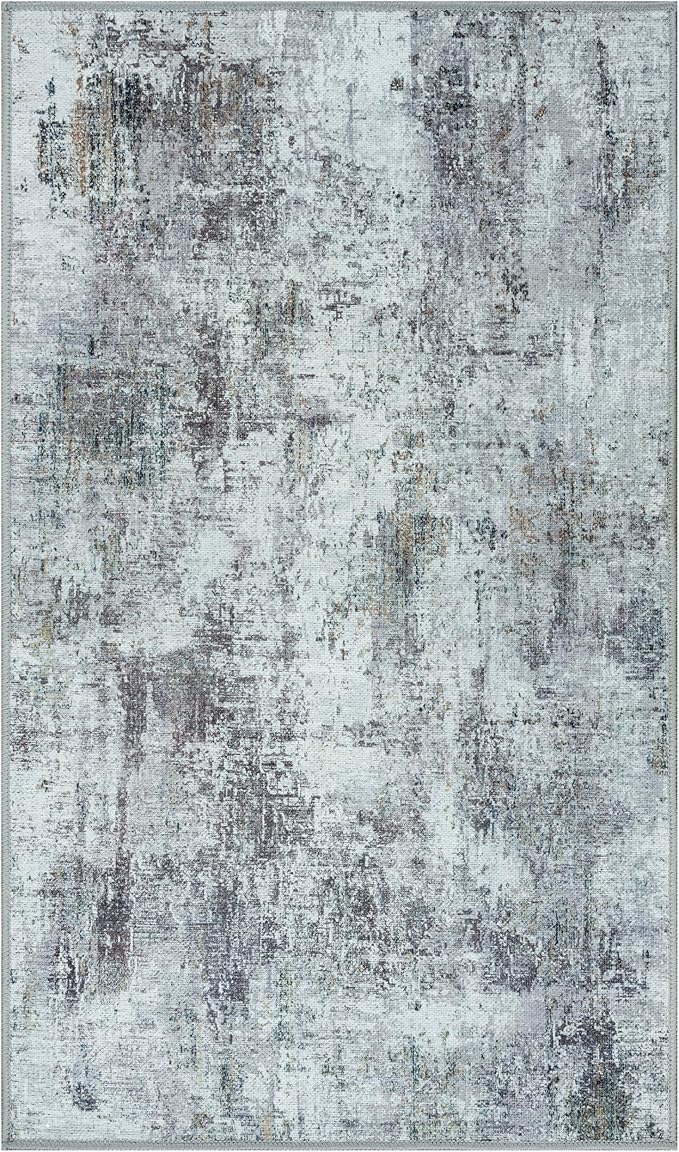 GLN Rugs Contemporary Collection - Machine Washable Area Rug, Contemporary Washable, Non Slip, Low Pile Chenille Rug, Living Room, Bedroom, Kitchen Rug (2'6" x 7' Grey/Green)