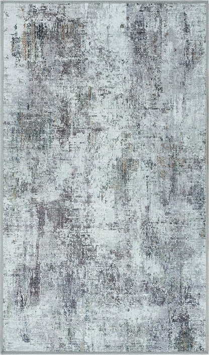 GLN Rugs Contemporary Collection - Machine Washable Area Rug, Contemporary Washable, Non Slip, Low Pile Chenille Rug, Living Room, Bedroom, Kitchen Rug (2'6" x 7' Grey/Green)